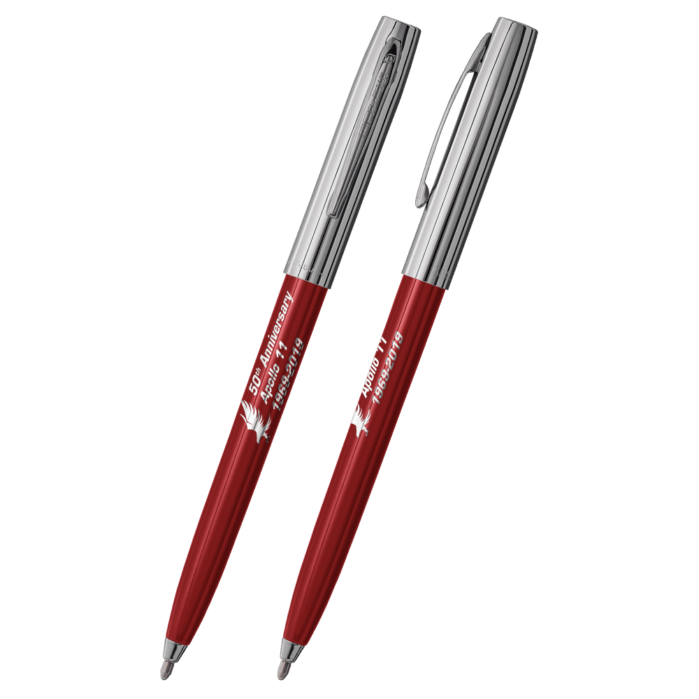 Front and side views of cap-o-matic space pen with red plastic barrel, chrome cap with clip, chrome tip, and imprinted silver Apollo 11 50th Anniversary.