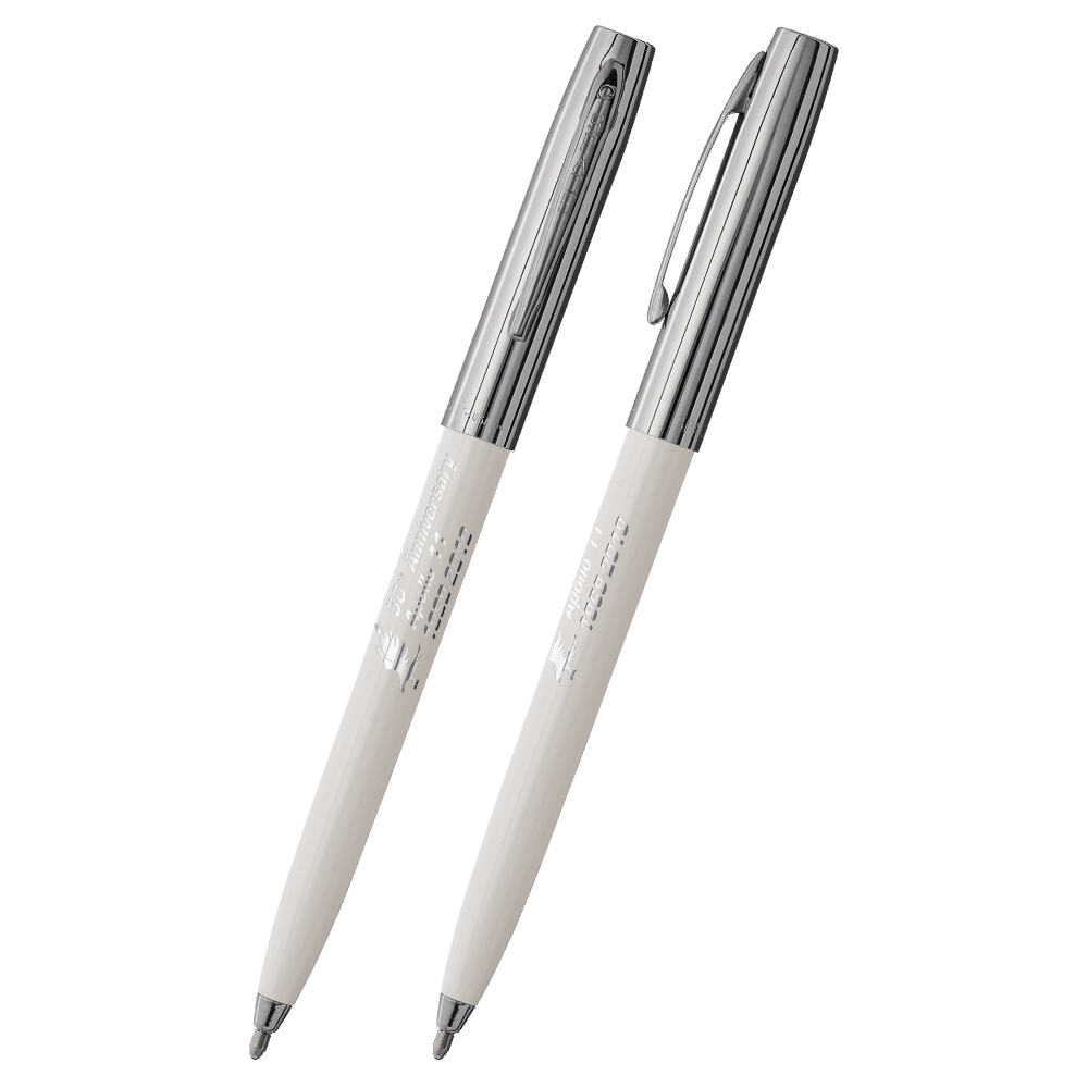 Front and side views of cap-o-matic space pen with white plastic barrel, chrome cap with clip, chrome tip, and imprinted silver Apollo 11 50th Anniversary.