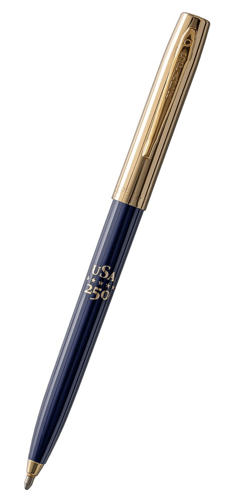 Blue Fisher Space Pen America 250 Cap-o-Matic with gold hardware and 'USA 250' pad printing
