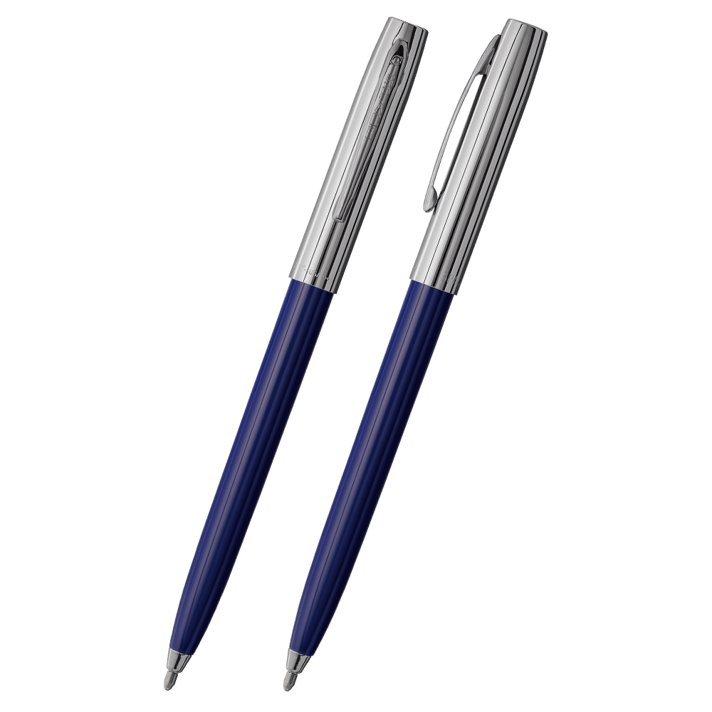 Front and side views of cap-o-matic space pen with blue plastic barrel, chrome cap with clip, and chrome tip.