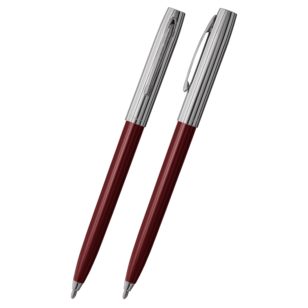 Front and side views of cap-o-matic space pen with burgundy plastic barrel, chrome cap with clip, and chrome tip.