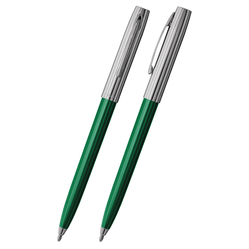 Front and side views of cap-o-matic space pen with green plastic barrel, chrome cap with clip, and chrome tip.
