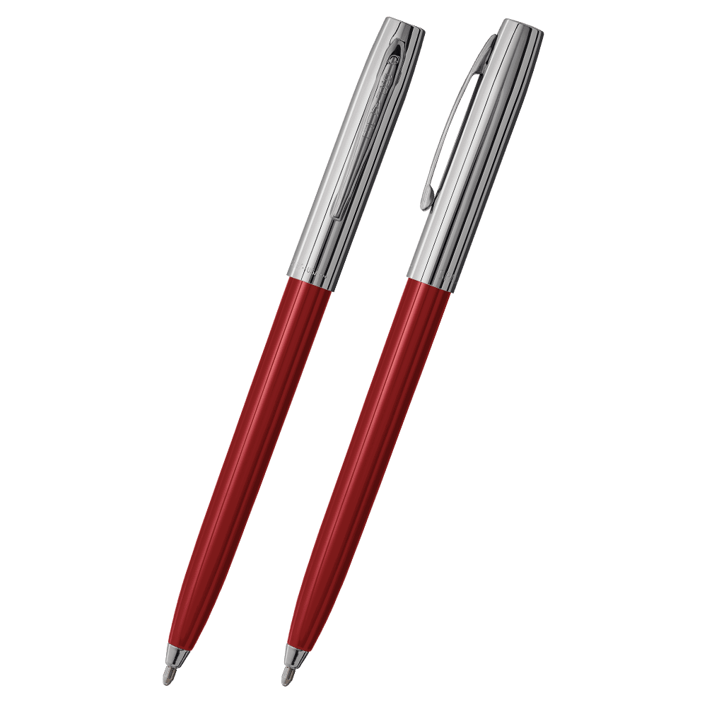 Front and side views of cap-o-matic space pen with red plastic barrel, chrome cap with clip, and chrome tip.
