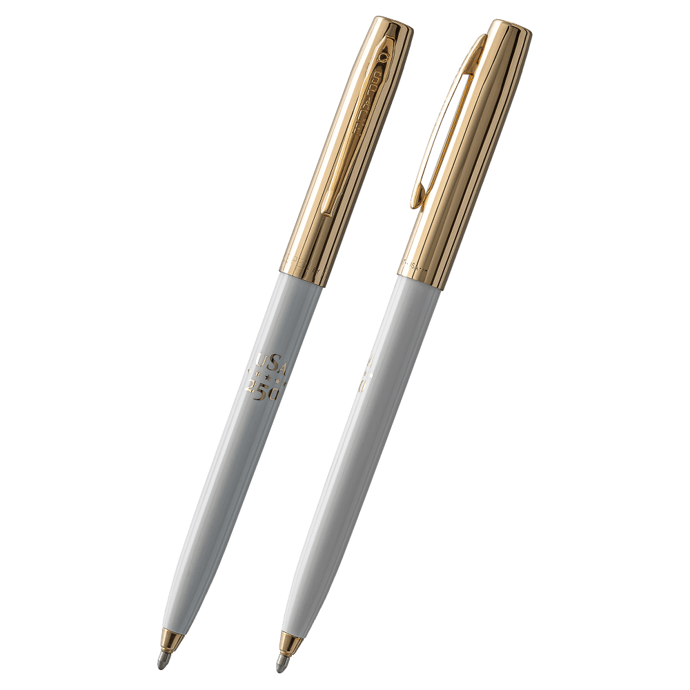 White Fisher Space Pen America 250 Cap-o-Matic with gold hardware and 'USA 250' pad printing