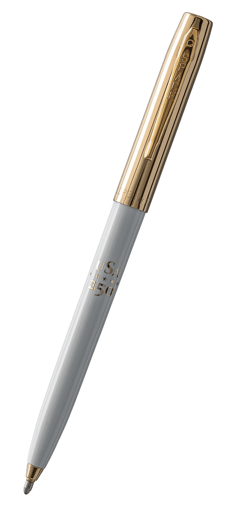 White Fisher Space Pen America 250 Cap-o-Matic with gold hardware and 'USA 250' pad printing