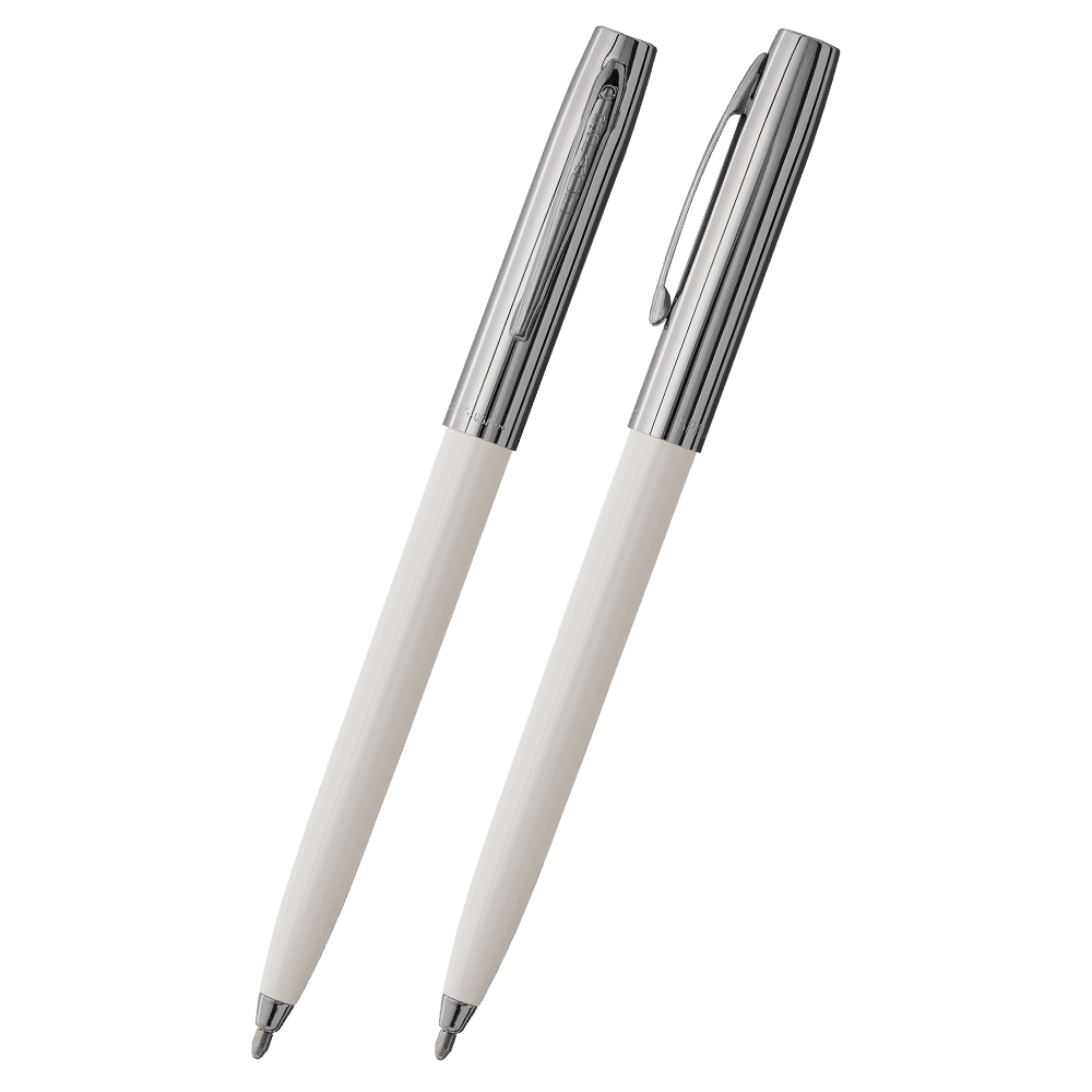 Front and side views of cap-o-matic space pen with white plastic barrel, chrome cap with clip, and chrome tip.