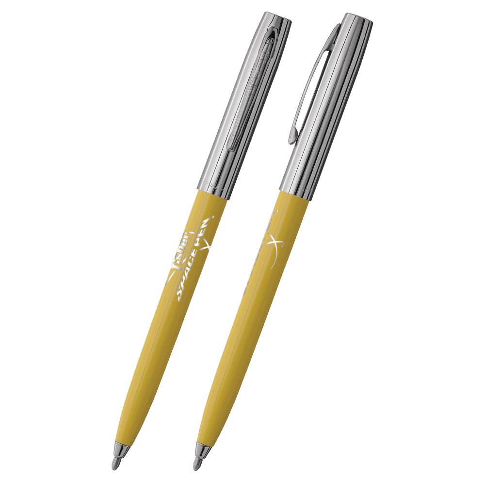 Yellow & Chrome Cap-O-Matic Space Pen, Fisher Space Pen Logo-1