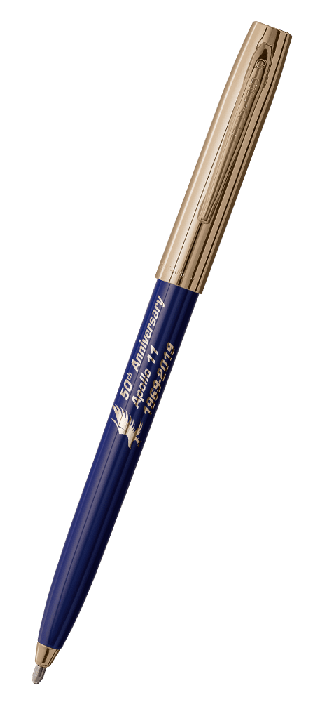 Cap-o-matic space pen with blue plastic barrel, gold colored cap with clip, gold colored tip, and imprinted gold Apollo 11 50th Anniversary.