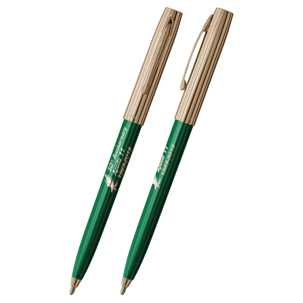 Front and side views of cap-o-matic space pen with green plastic barrel, gold colored cap with clip, gold colored tip, and imprinted gold Apollo 11 50th Anniversary.