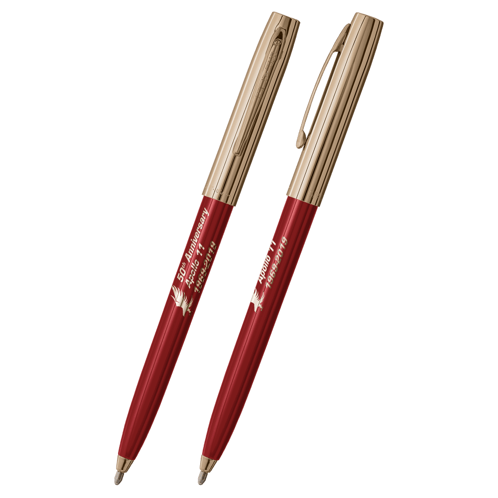 Front and side views of cap-o-matic space pen with red plastic barrel, gold colored cap with clip, gold colored tip, and imprinted gold Apollo 11 50th Anniversary.