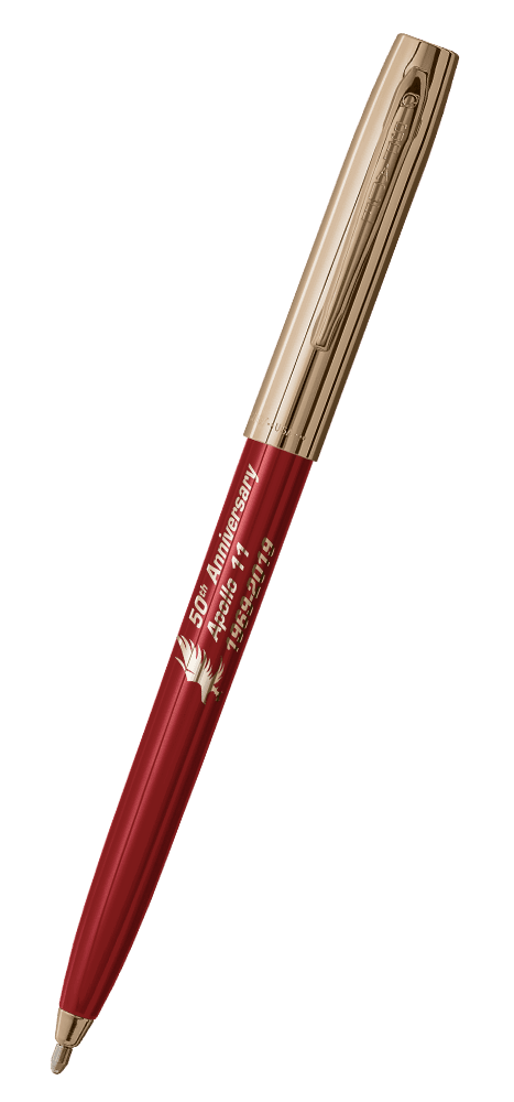 Cap-o-matic space pen with red plastic barrel, gold colored cap with clip, gold colored tip, and imprinted gold Apollo 11 50th Anniversary.