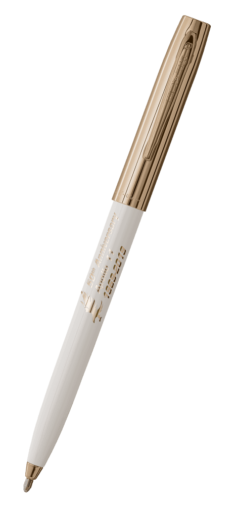Cap-o-matic space pen with white plastic barrel, gold colored cap with clip, gold colored tip, and imprinted gold Apollo 11 50th Anniversary.
