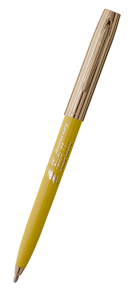 Cap-o-matic space pen with yellow plastic barrel, gold colored cap with clip, gold colored tip, and imprinted gold Apollo 11 50th Anniversary.