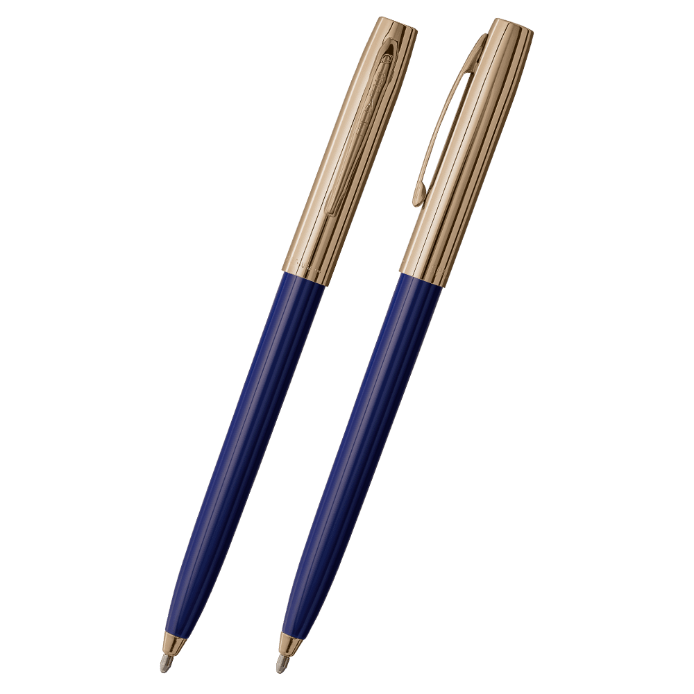 Front and side views of cap-o-matic space pen with blue plastic barrel, gold colored cap with clip, and gold colored tip.