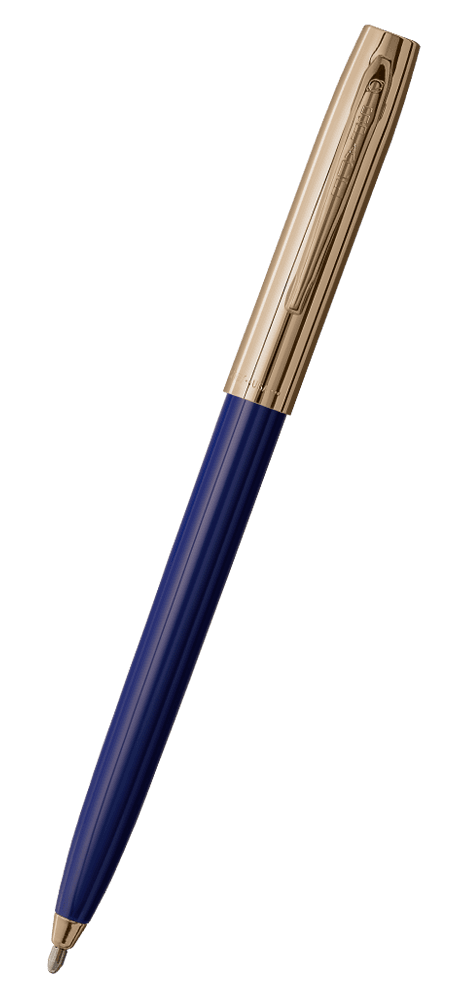 Cap-o-matic space pen with blue plastic barrel, gold colored cap with clip, and gold colored tip.
