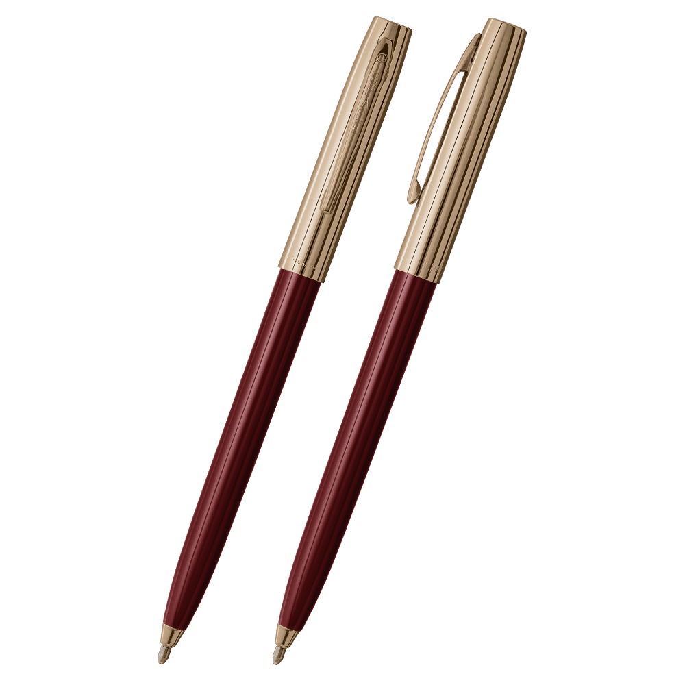 Front and side views of cap-o-matic space pen with burgundy plastic barrel, gold colored cap with clip, and gold colored tip.