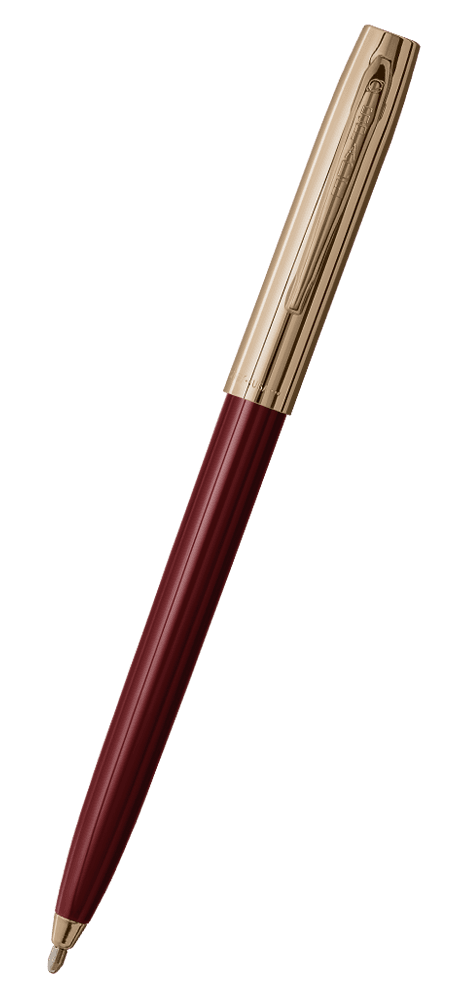 Cap-o-matic space pen with burgundy plastic barrel, gold colored cap with clip, and gold colored tip.