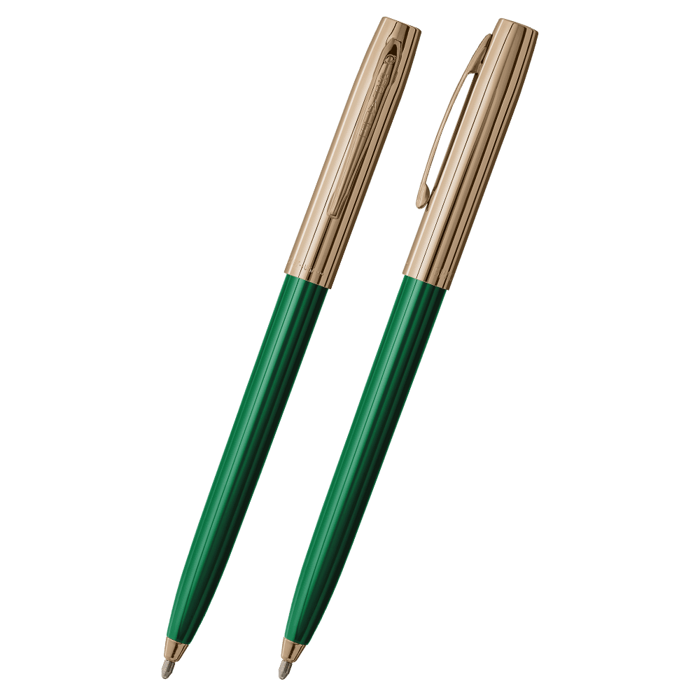 Front and side views of cap-o-matic space pen with green plastic barrel, gold colored cap with clip, and gold colored tip.