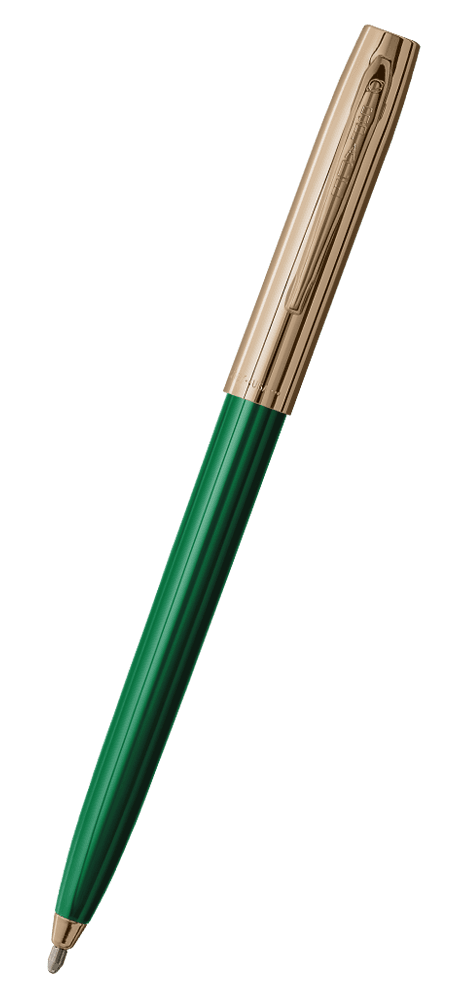 Cap-o-matic space pen with green plastic barrel, gold colored cap with clip, and gold colored tip.