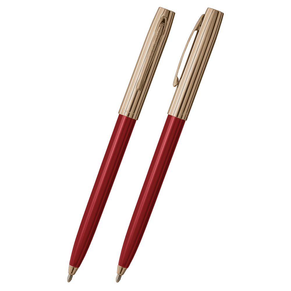 Front and side views of cap-o-matic space pen with red plastic barrel, gold colored cap with clip, and gold colored tip.