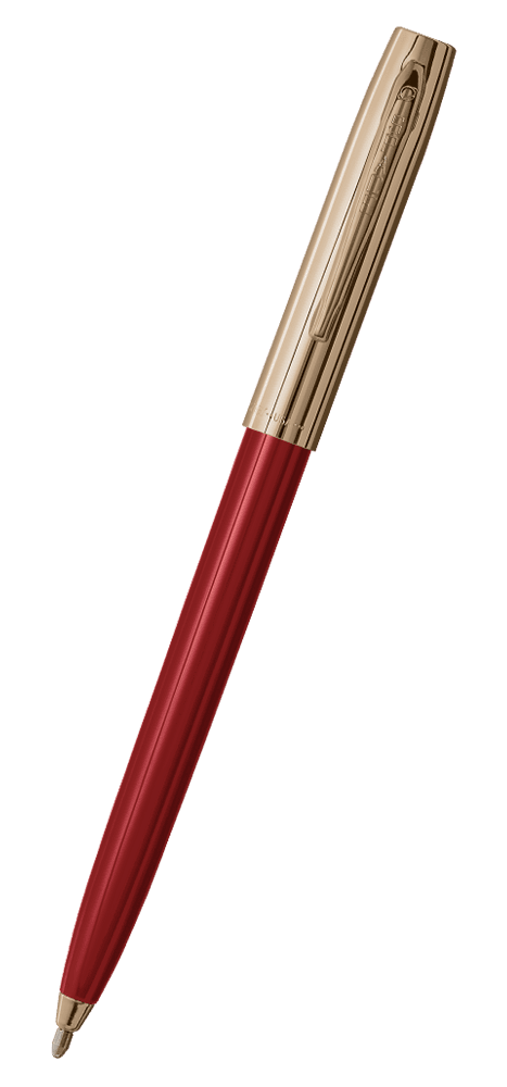 Cap-o-matic space pen with red plastic barrel, gold colored cap with clip, and gold colored tip.