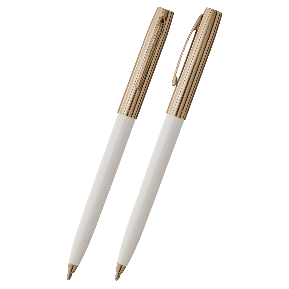 Front and side views of cap-o-matic space pen with white plastic barrel, gold colored cap with clip, and gold colored tip.