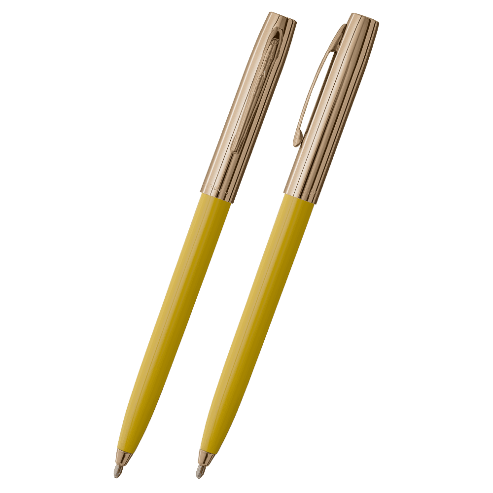 Front and side views of cap-o-matic space pen with yellow plastic barrel, gold colored cap with clip, and gold colored tip.