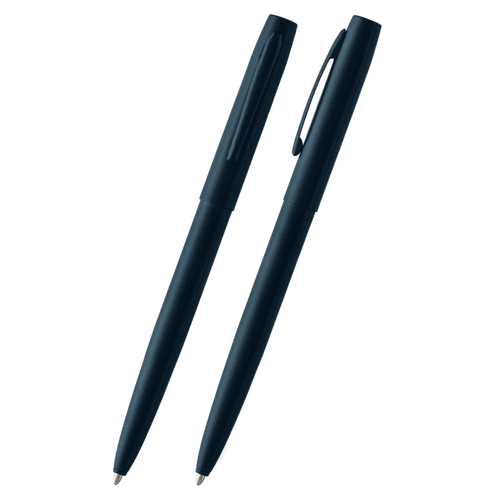 Front and side view of Navy Blue Cerakote Cap-O-Matic Space Pen