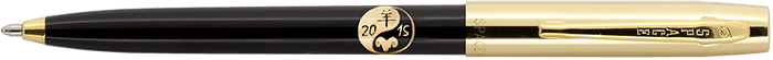 Cap-o-matic space pen with black plastic barrel, gold colored cap with clip, gold colored tip, and imprinted gold yin yang with 2015 and goat’s head.