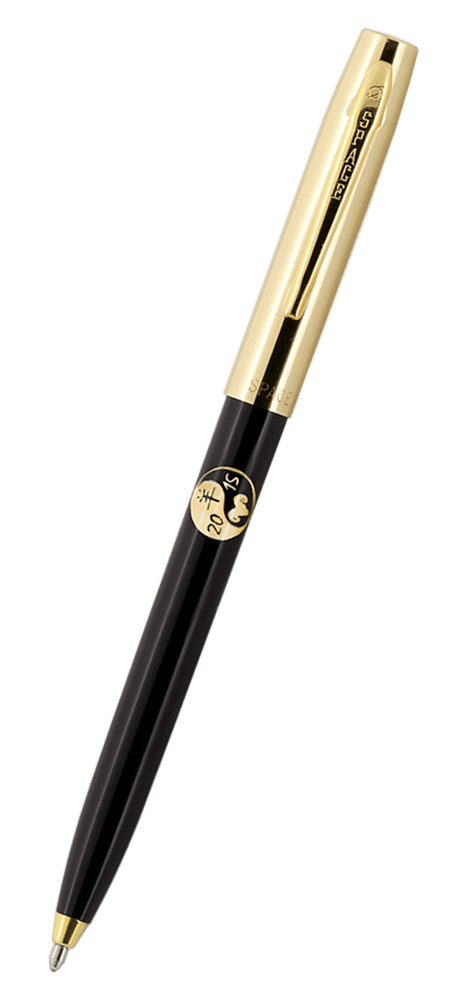 Cap-o-matic space pen with black plastic barrel, gold colored cap with clip, gold colored tip, and imprinted gold yin yang with 2015 and goat’s head.