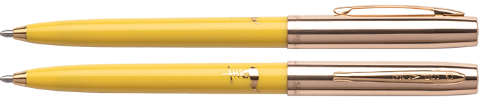 Front and side views of cap-o-matic space pen with yellow plastic barrel, gold colored cap with clip, gold colored tip, and imprinted gold Chinese character and goat.