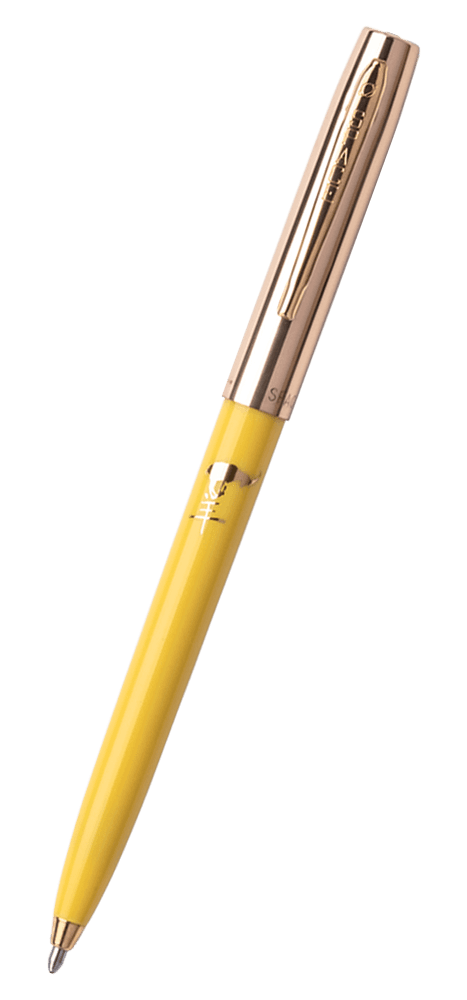 Cap-o-matic space pen with yellow plastic barrel, gold colored cap with clip, gold colored tip, and imprinted gold Chinese character and goat.