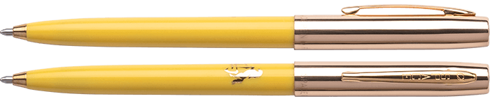 Front and side views of cap-o-matic space pen with yellow plastic barrel, gold colored cap with clip, gold colored tip, and imprinted gold Chinese character and horse.