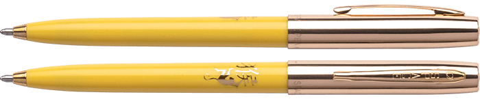 Front and side views of cap-o-matic space pen with yellow plastic barrel, gold colored cap with clip, gold colored tip, and imprinted gold Chinese character and monkey.