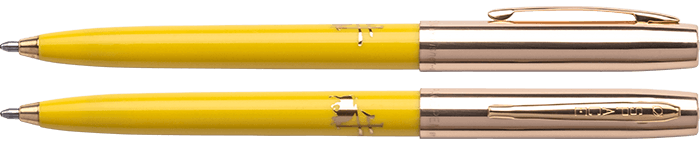 Front and side views of cap-o-matic space pen with yellow plastic barrel, gold colored cap with clip, gold colored tip, and imprinted gold Chinese character and ox.
