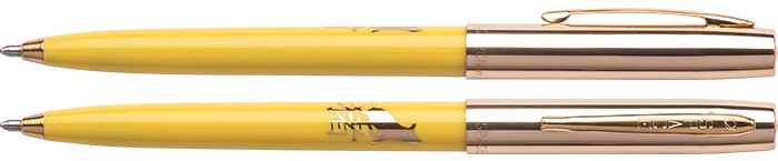 Front and side views of cap-o-matic space pen with yellow plastic barrel, gold colored cap with clip, gold colored tip, and imprinted gold Chinese character and pig.