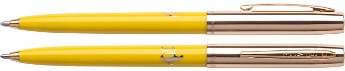 Front and side views of cap-o-matic space pen with yellow plastic barrel, gold colored cap with clip, gold colored tip, and imprinted gold Chinese character and rat.