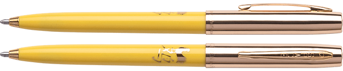 Front and side views of cap-o-matic space pen with yellow plastic barrel, gold colored cap with clip, gold colored tip, and imprinted gold Chinese character and rooster.
