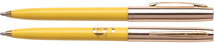 Front and side views of cap-o-matic space pen with yellow plastic barrel, gold colored cap with clip, gold colored tip, and imprinted gold Chinese character and snake.