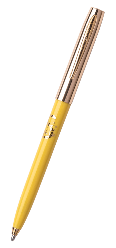 Cap-o-matic space pen with yellow plastic barrel, gold colored cap with clip, gold colored tip, and imprinted gold Chinese character and snake.