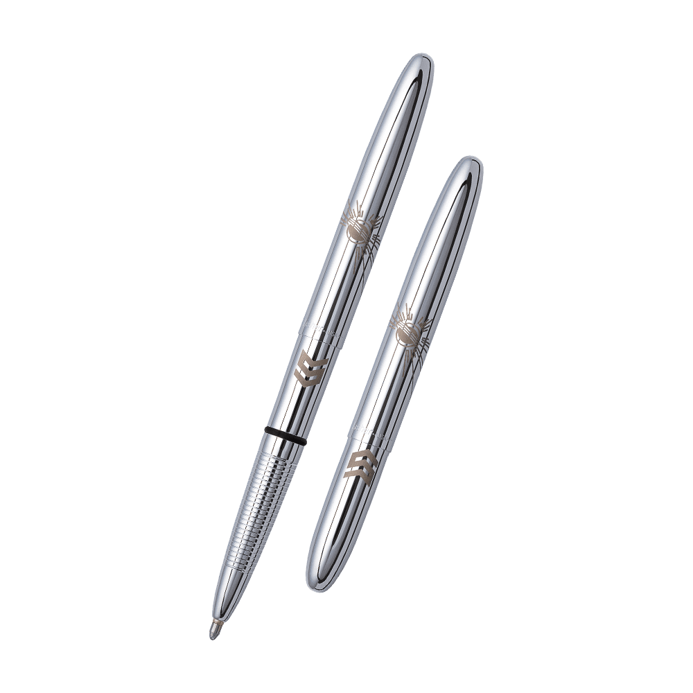 Left: Open chrome bullet space pen laser engraved with a solar burst and STEM logo
Right: Closed chrome bullet space pen laser engraved with a solar burst and STEM logo
