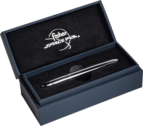 Closed 400BTN black titanium nitride bullet space pen in gift box. The gift box is dark blue with a black insert imprinted with the Fisher Space Pen logo in white.