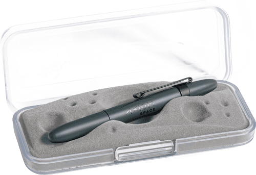 Closed 400E-220-BCL-AXM Elite Navy Cerakote bullet space pen with matte black clip with printed Axiom Space logo in gift box. The gift box is opaque plastic with an insert textured like the moon.