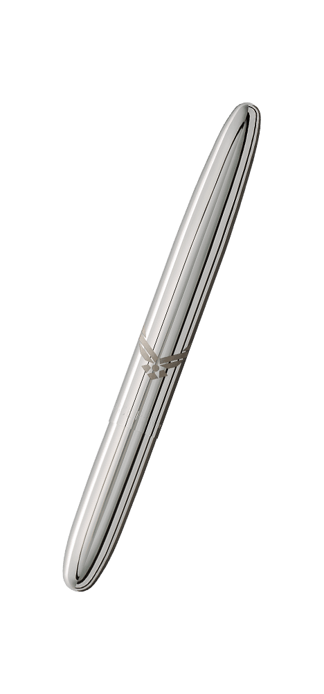 Closed 400AF-WING chrome bullet space pen with United States Air Force Wing Insignia