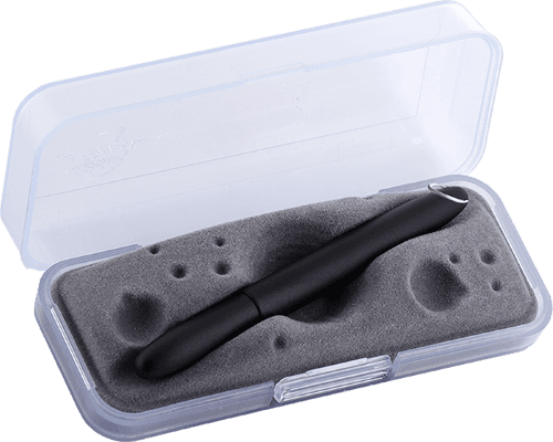 Closed 400B/JR matte black bullet space pen in gift box. The gift box is opaque plastic with an insert textured like the moon.