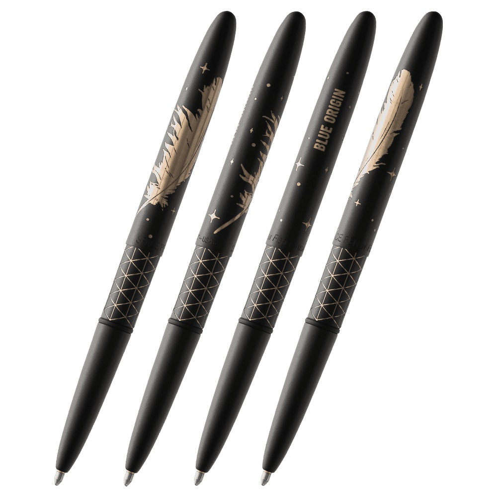 Rotated view of 400B/FS&H-BO showing the Blue Origin logo, feather, stars, and hatch engravings.