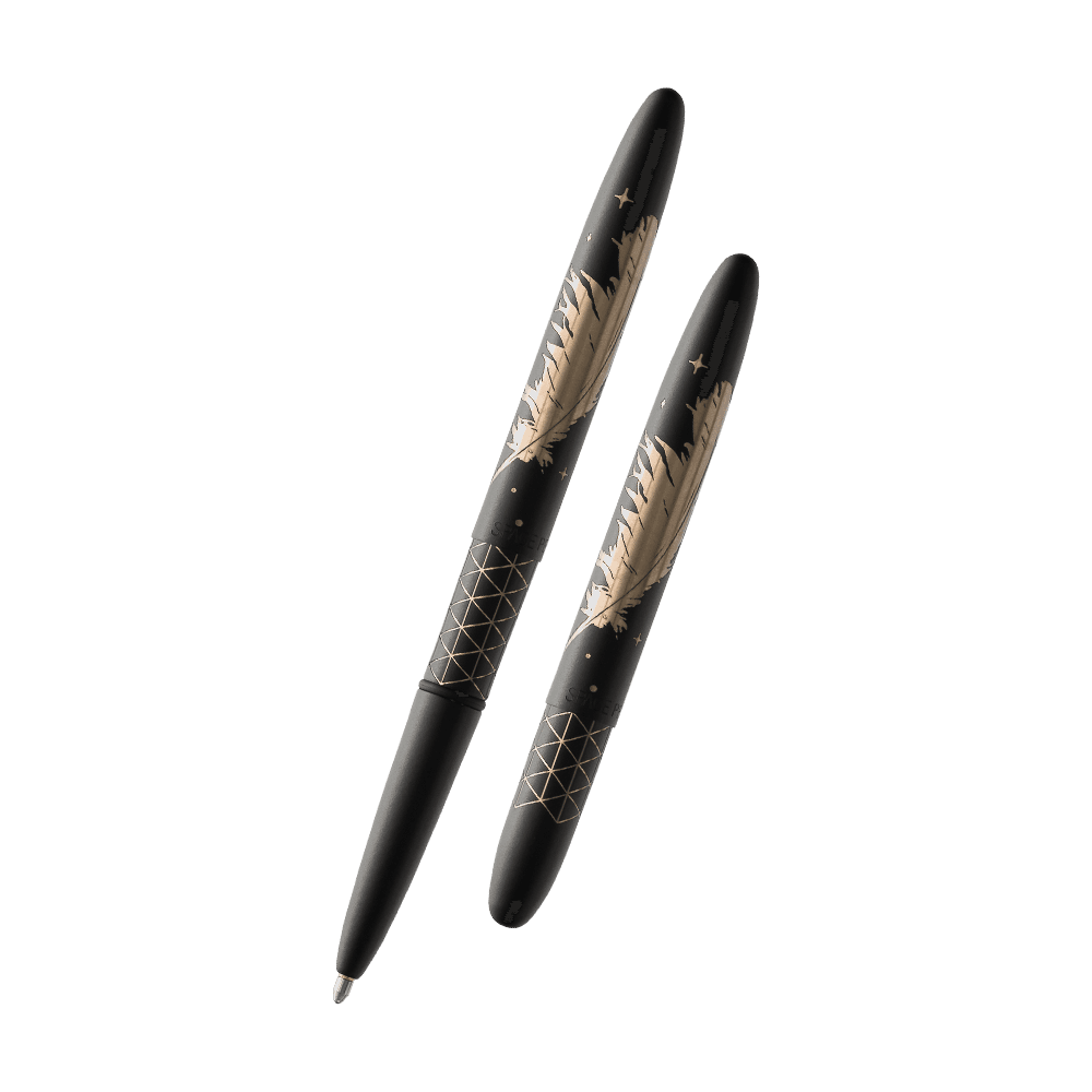 Left: open 400B/FS&H-BO matte black bullet space pen with cap on end of pen
Right: closed 400B/FS&H-BO matte black bullet space pen