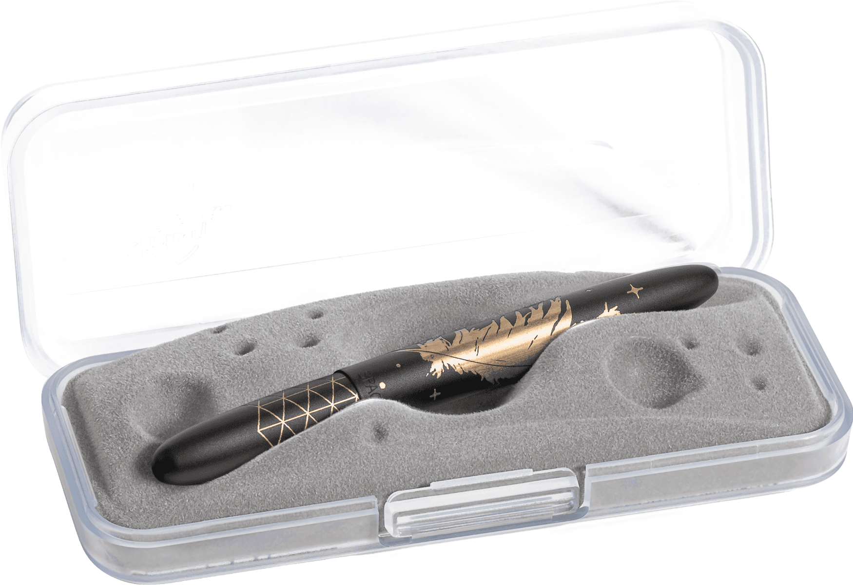 Closed 400B/FS&H-BO matte black bullet space pen in gift box. The gift box is opaque plastic with an insert textured like the moon.