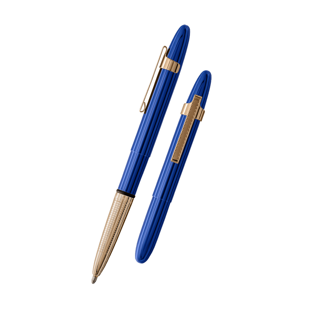 Left: open 400BB-GFGGCL blue bullet space pen with gold colored grip and clip with cap on end of pen
Right: closed 400BB-GFGGCL blue bullet space pen with gold colored clip