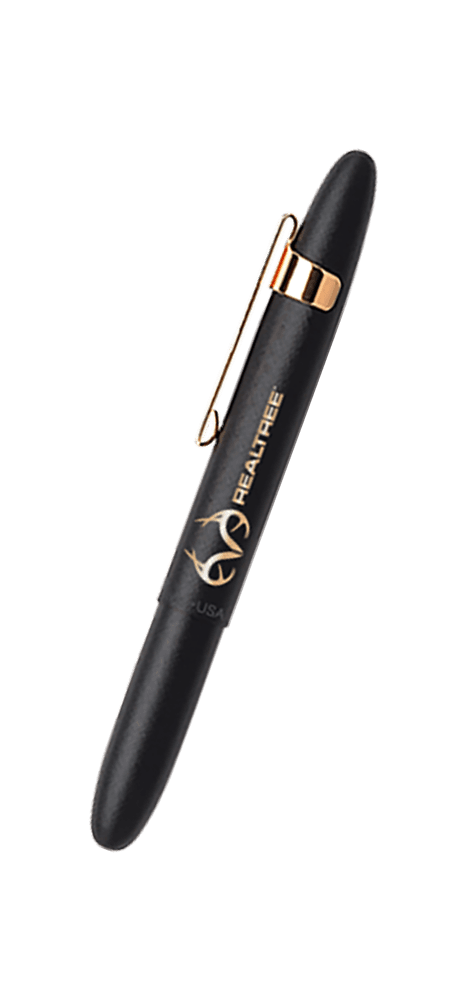 Closed 400BGFGGCL-RT matte black bullet space pen with gold colored clip and engraved Realtree logo
